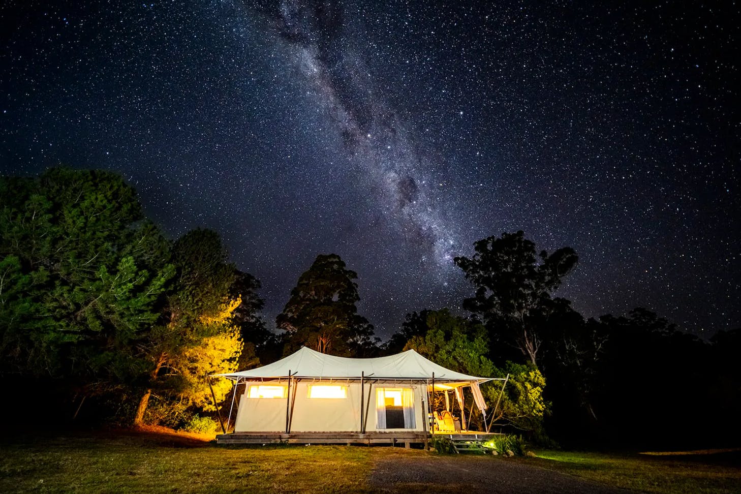 a glamping tent under the stars